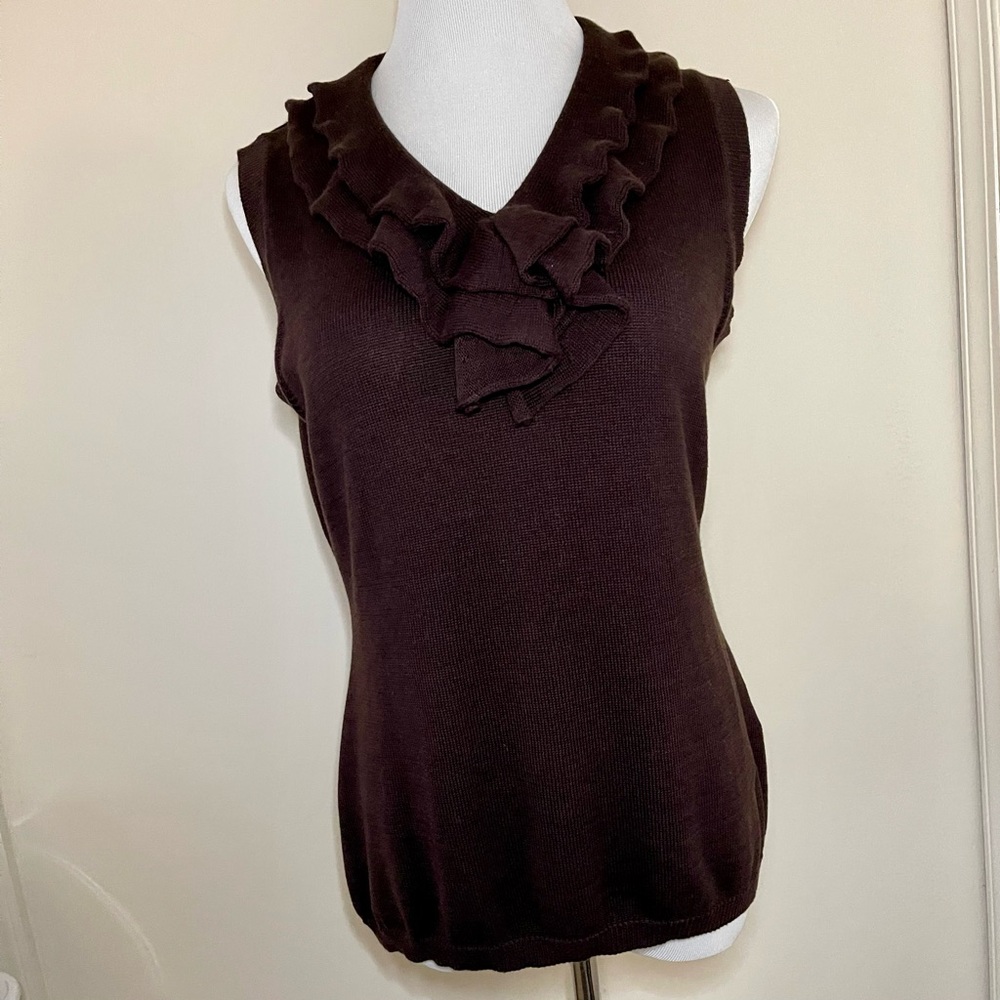 J. Peterman Dark Brown Ruffled V-Neck Sleeveless Sweater